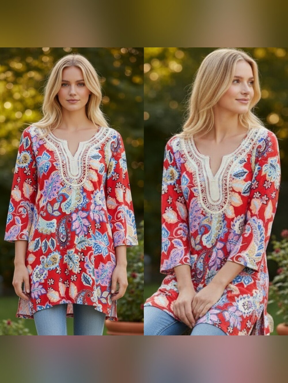 Talbots plus 3X tunic top lace trim 3/4 sleeves paisley red multi boho grandma